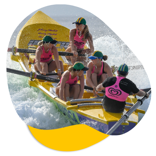 Women in pink surf lifesaving uniforms rowing a yellow surf boat, demonstrating teamwork and community spirit, supporting local surf lifesavers on the Central Coast.