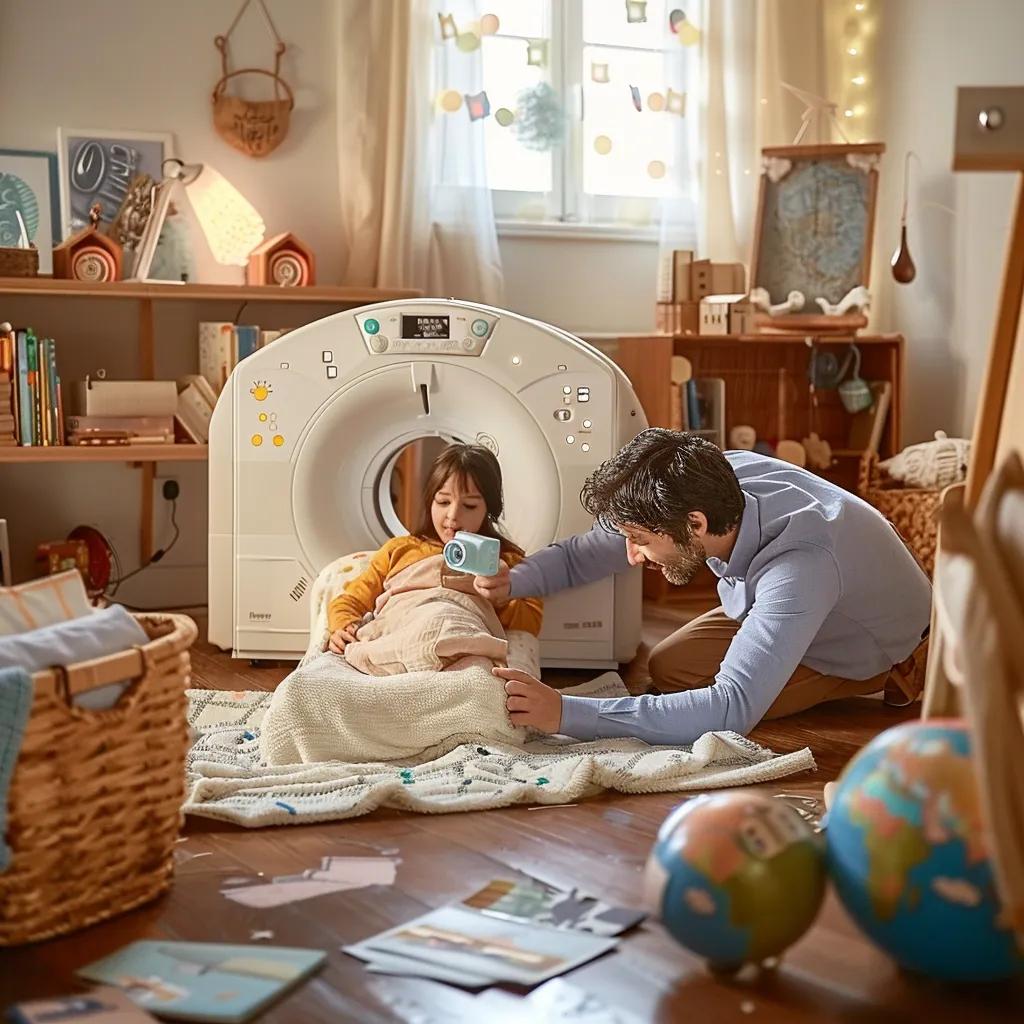 Parent and child role-playing a medical imaging experience at home, illustrating emotional preparation techniques for pediatric imaging