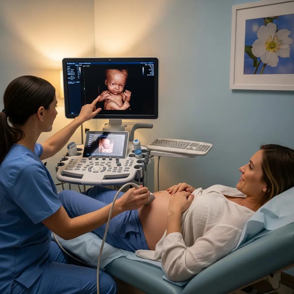 Pregnant woman at an ultrasound appointment with a clear 3D image of the fetus on screen