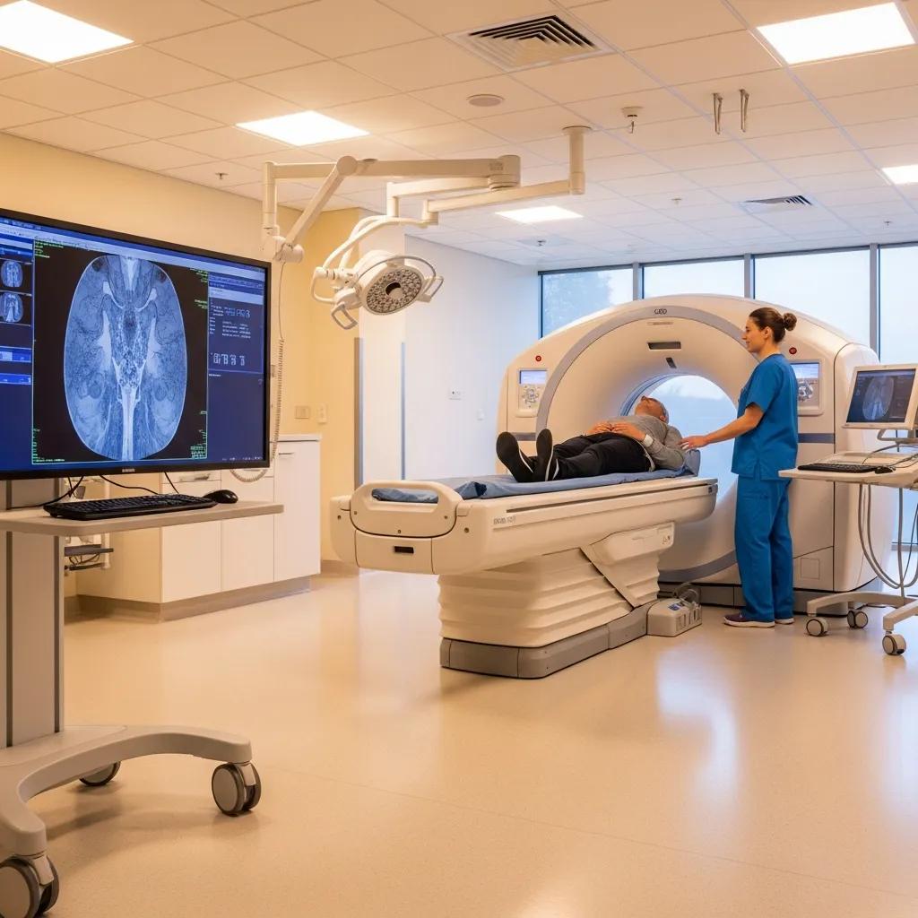 Advanced diagnostic imaging technology in a modern medical facility with a CT scanner and healthcare professional