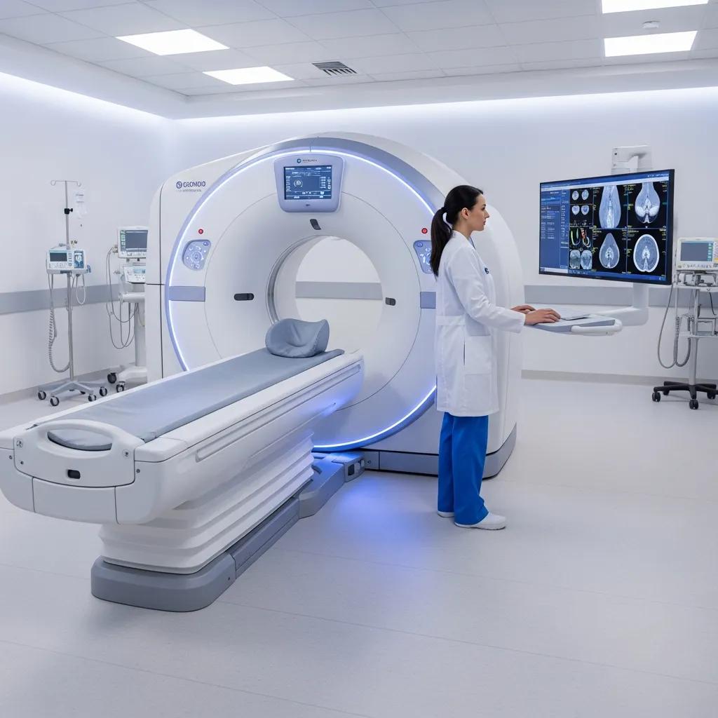 Advanced medical imaging technology in a clinical setting with a CT scanner and healthcare professional