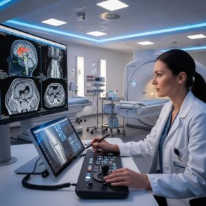 Advanced medical imaging technology in a clinical setting with a radiologist examining digital images