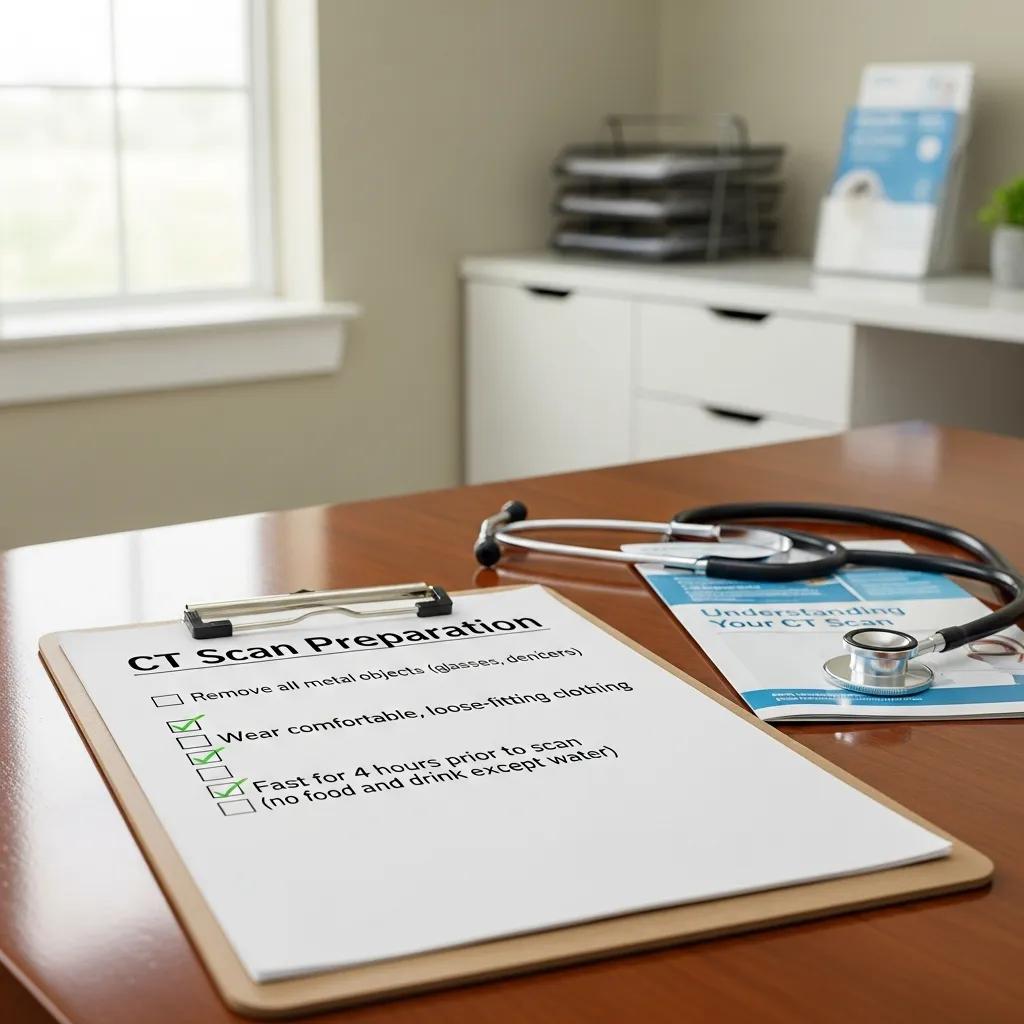 CT scan preparation checklist on a clipboard, highlighting essential steps such as removing metal objects, wearing loose-fitting clothing, and fasting for four hours prior to the scan, with a stethoscope and informational brochure on a desk in a medical office setting.