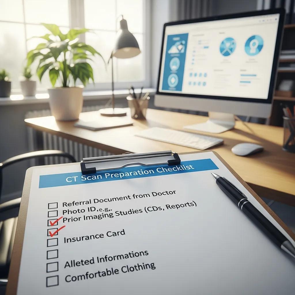CT scan preparation checklist on a clipboard in a medical office, highlighting required items like referral document, prior imaging studies, and insurance card, with a computer displaying imaging data in the background.