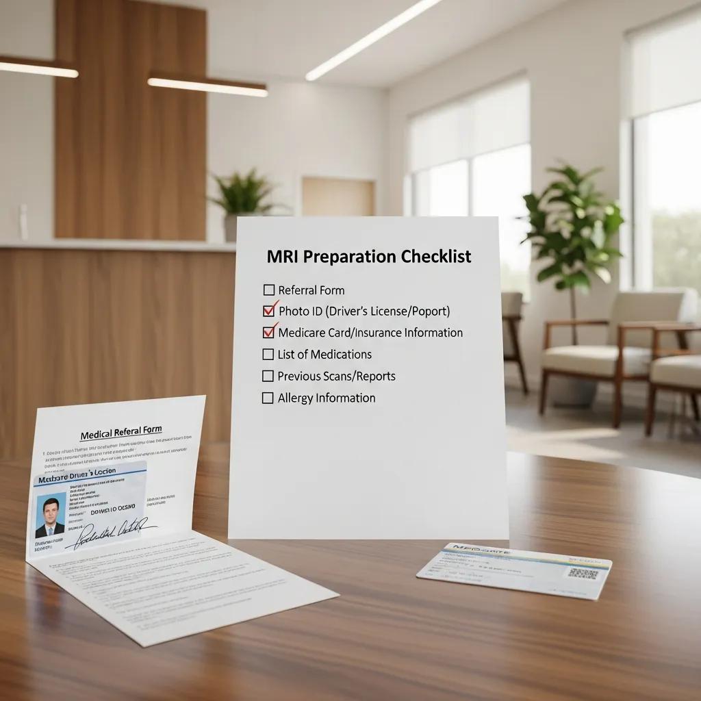 Preparation checklist for an MRI appointment with key items displayed