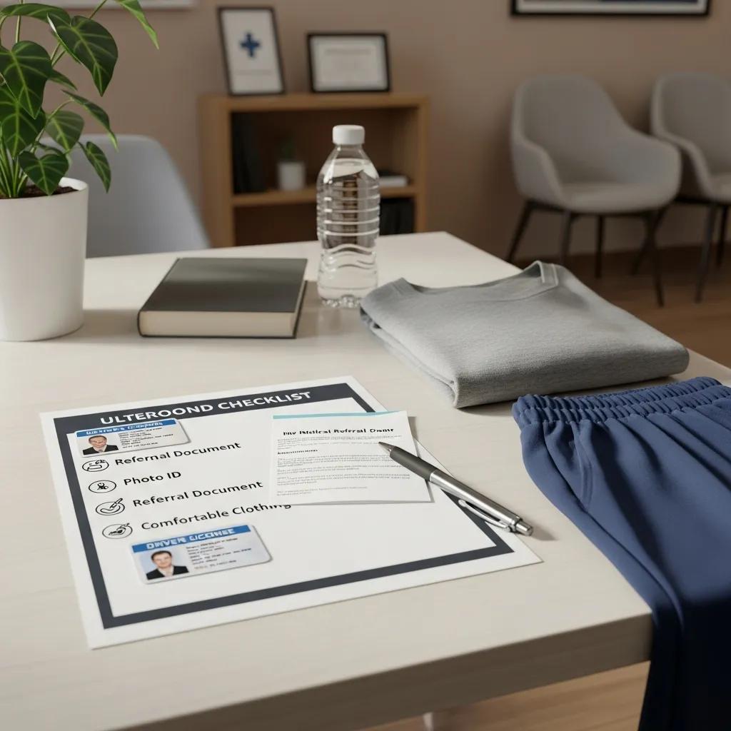 Ultrasound preparation checklist on a table, featuring referral documents, photo ID, comfortable clothing, a water bottle, and a plant, in a clinical setting.