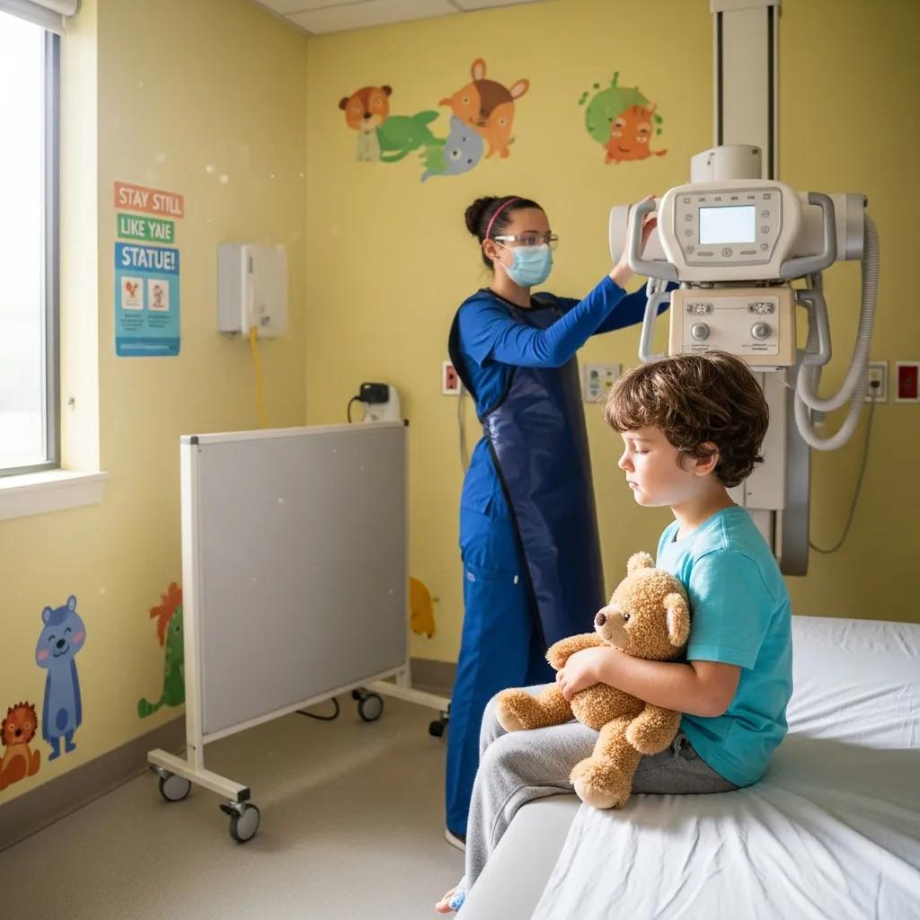 Child in comfortable clothing waiting for an X‑ray, showing a friendly, safe clinical setting
