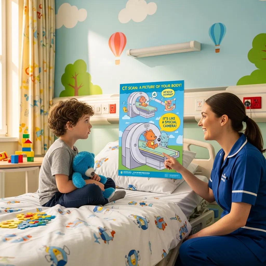 Nurse explaining CT scan preparation to a child and parent in a welcoming room