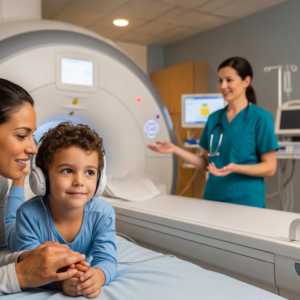 Child and parent preparing for an MRI in a calm clinical setting