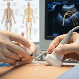 Clinician performing a nerve block injection with anatomical context