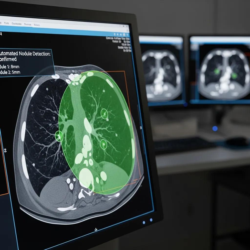 Close-up CT image with AI-highlighted areas for automated nodule detection