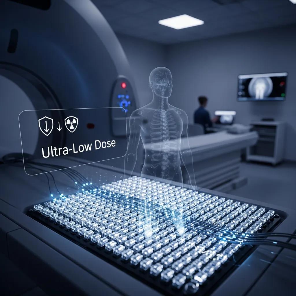 Close‑up of a CT scanner highlighting ultra‑low dose capabilities in a clinical setting