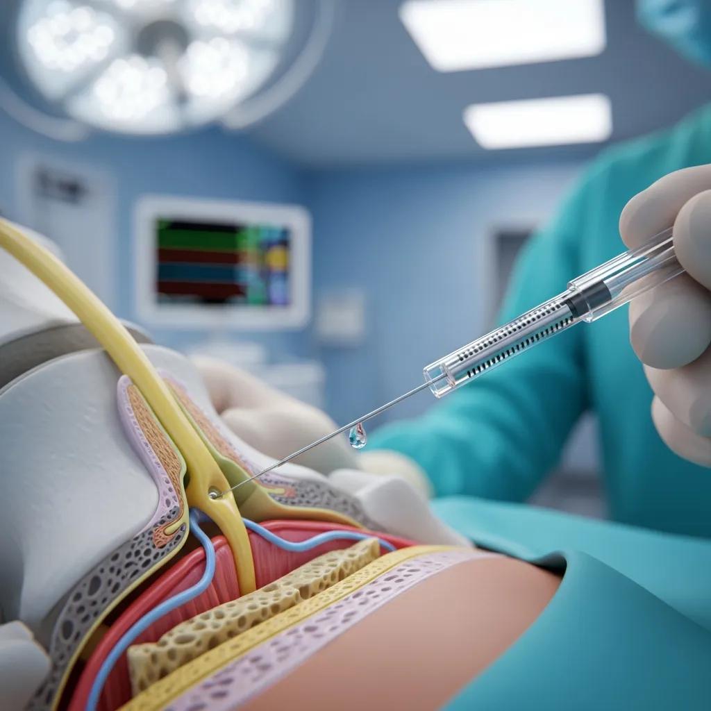 Clinician performing a nerve block injection with anatomical context