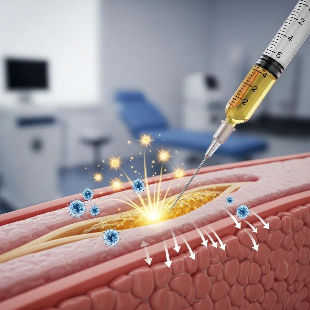 Close-up of ultrasound-guided PRP injection into a tendon