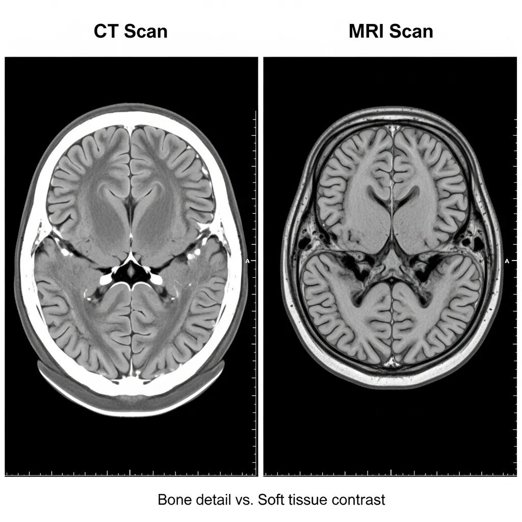 Side-by-side comparison of CT and MRI brain images showing modality differences