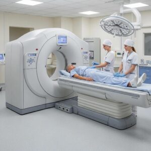 CT scan machine in a clinical setting with a patient and medical staff