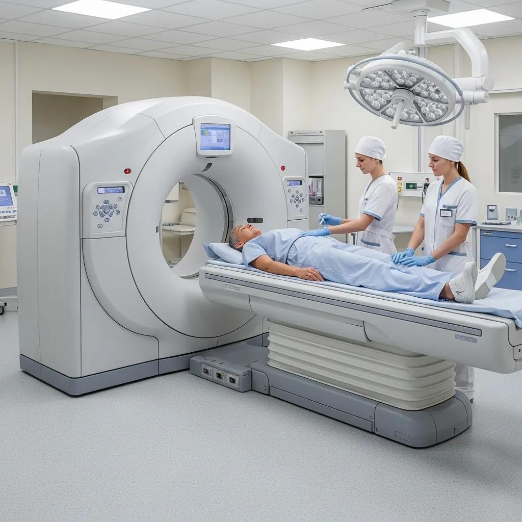 CT scan machine in a clinical setting with a patient and medical staff