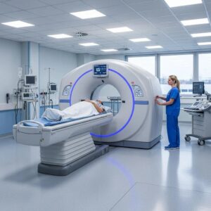 CT scanner in a medical facility with a patient on the table