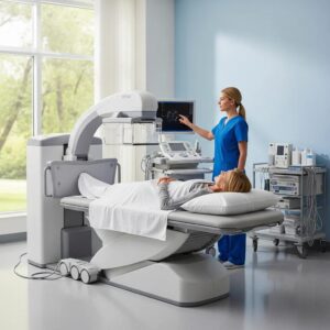 DEXA scan machine in a medical clinic with a patient and technician, emphasizing bone density testing