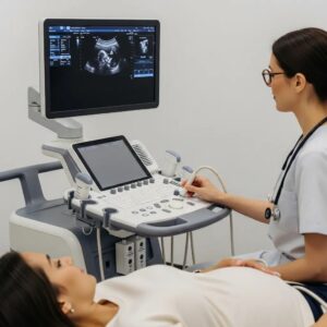 Diagnostic ultrasound machine in a clinical setting with a healthcare professional performing an ultrasound