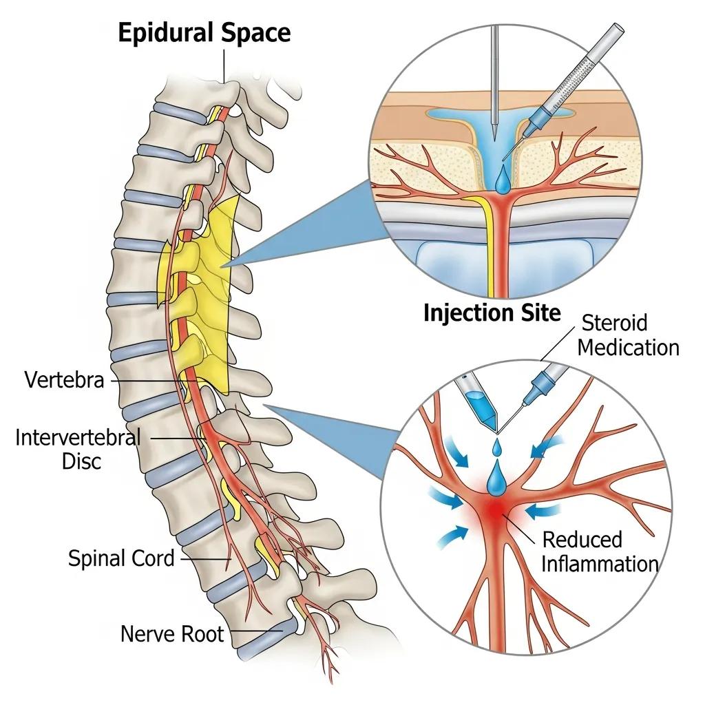 Spine diagram indicating epidural steroid injection site near nerve roots