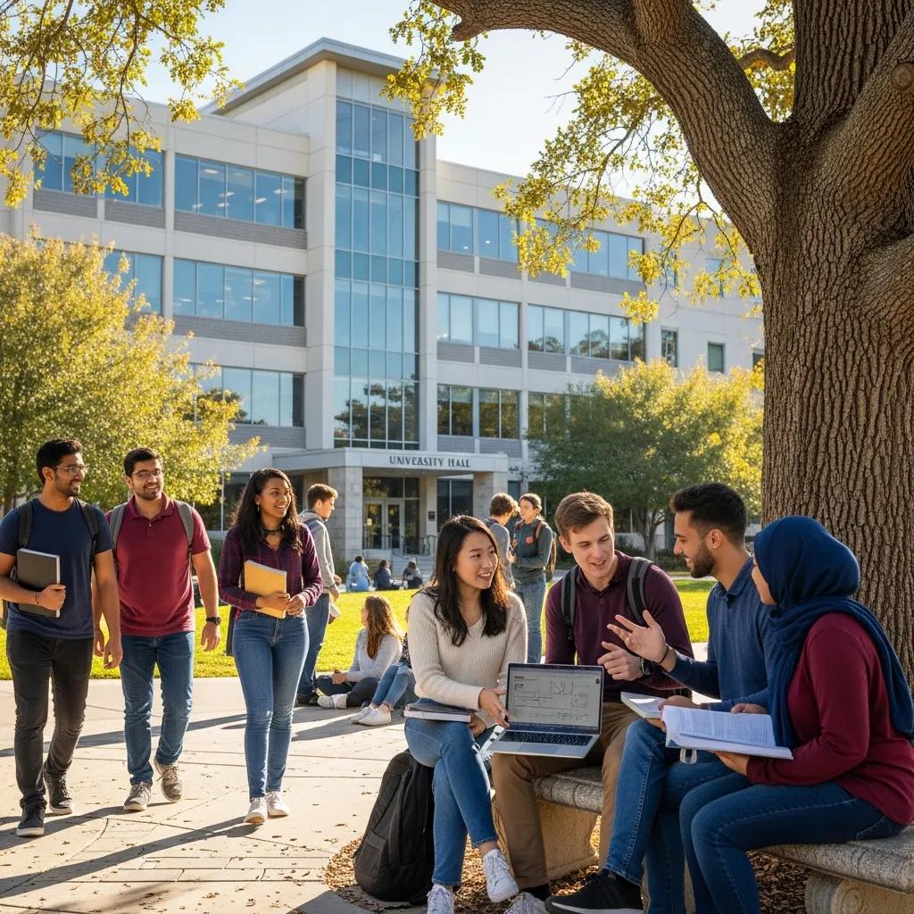 Diverse group of students engaging on a university campus, representing the essence of campus courses and academic collaboration