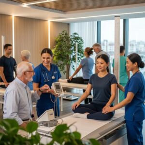 Diverse individuals participating in body scan services at a modern health facility, emphasizing preventative health assessments