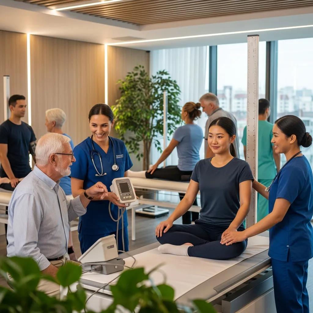 Diverse individuals participating in body scan services at a modern health facility, emphasizing preventative health assessments