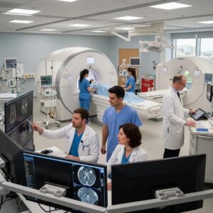 Diverse medical imaging professionals collaborating in a hospital environment with advanced imaging technology