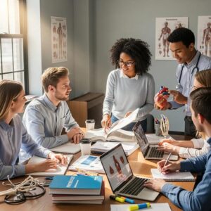 Diverse medical students collaborating in a university study session with books and medical equipment