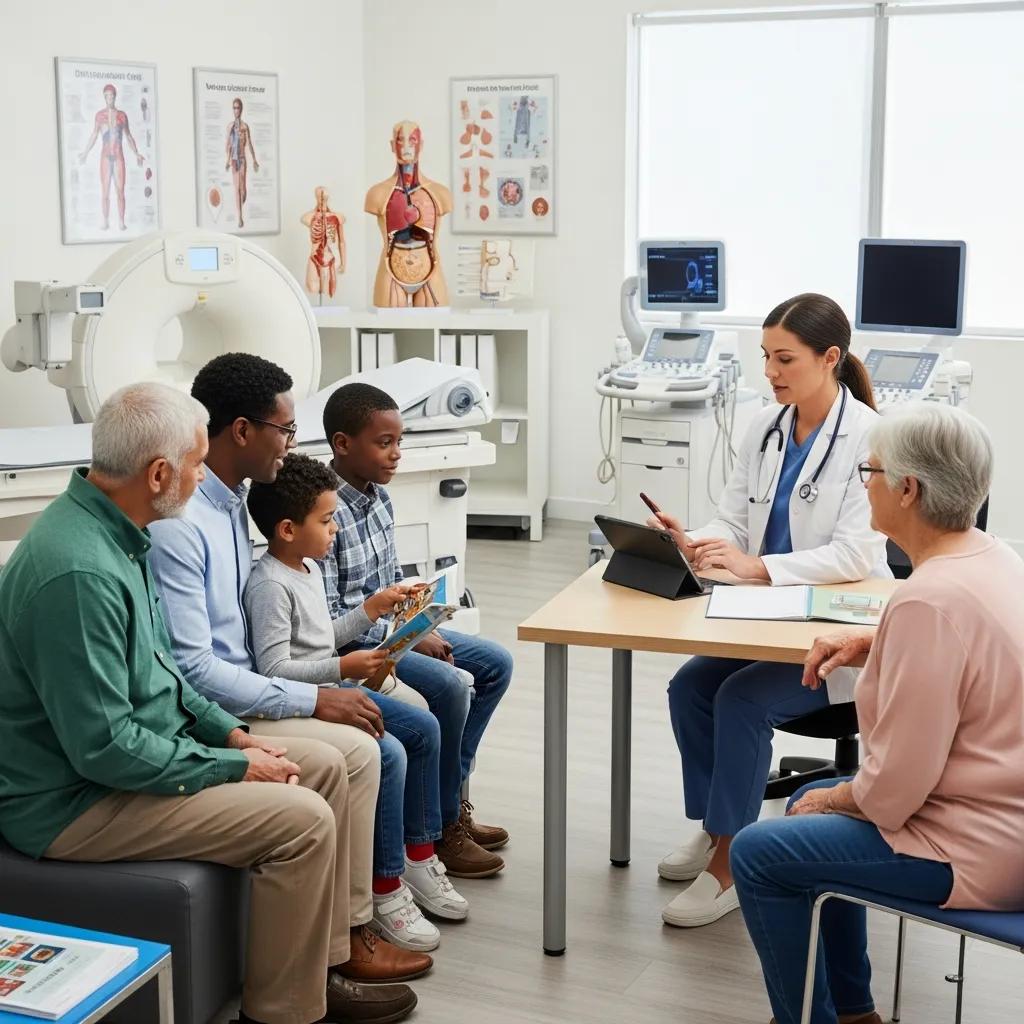 Diverse group of patients consulting with healthcare professional about bulk billing eligibility in a medical imaging room, featuring diagnostic equipment and anatomical charts.