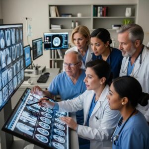 Diverse radiologists collaborating in a modern medical environment, emphasizing teamwork and expertise in diagnostic imaging
