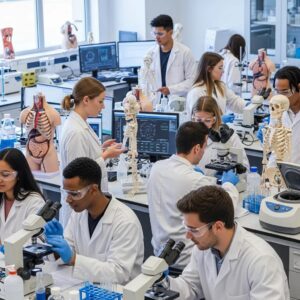 Diverse students collaborating in a medical science laboratory, showcasing practical learning and teamwork