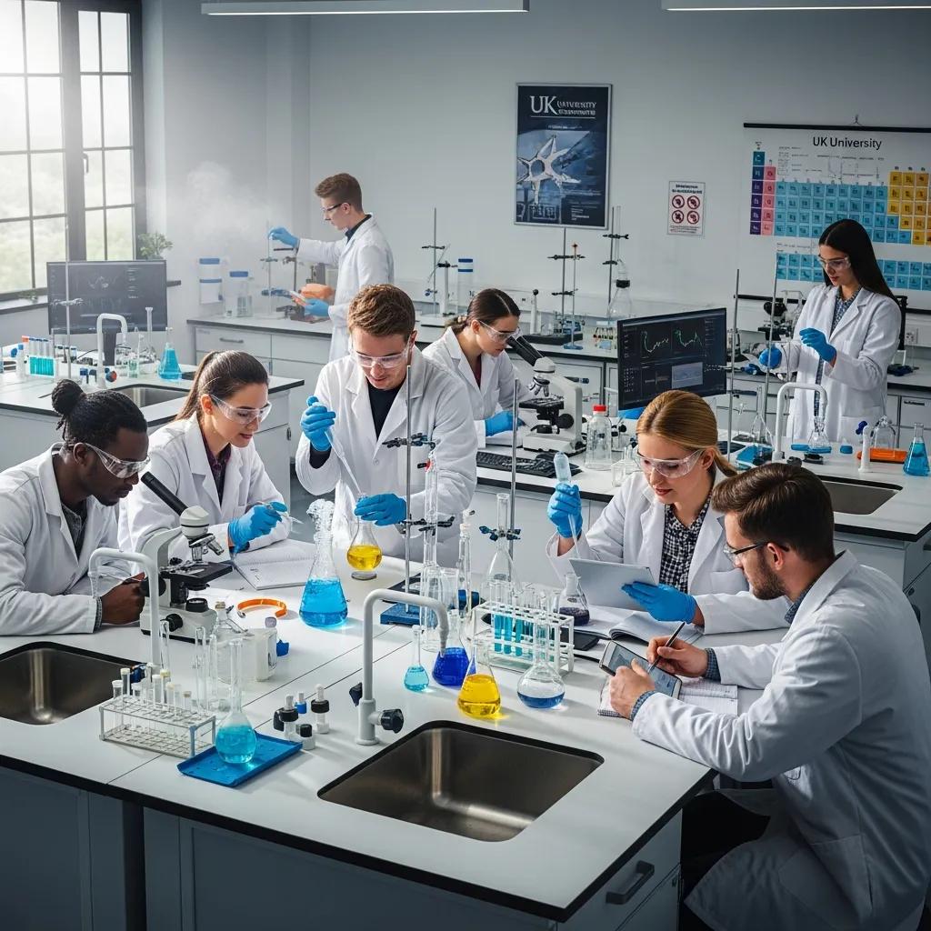 Diverse students collaborating in a modern science lab, showcasing enthusiasm for science education
