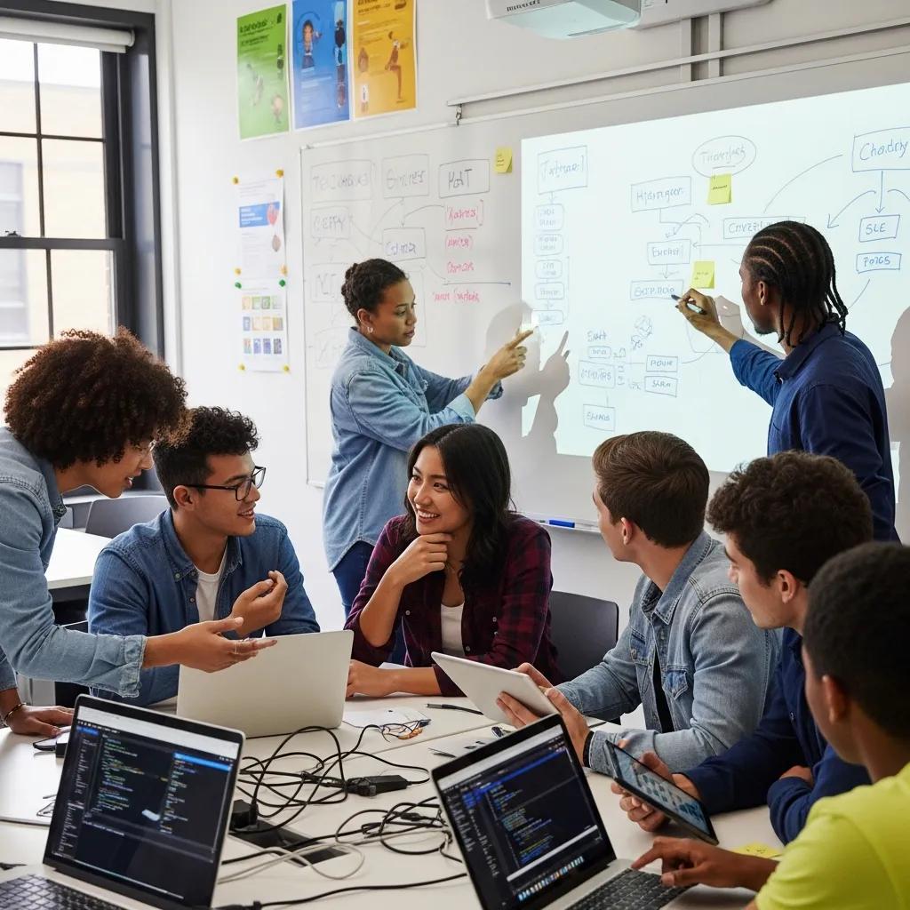 Diverse students collaborating in a technology classroom, emphasizing teamwork and innovation in tech education