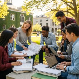 Diverse students collaborating in a university environment, showcasing engagement in learning