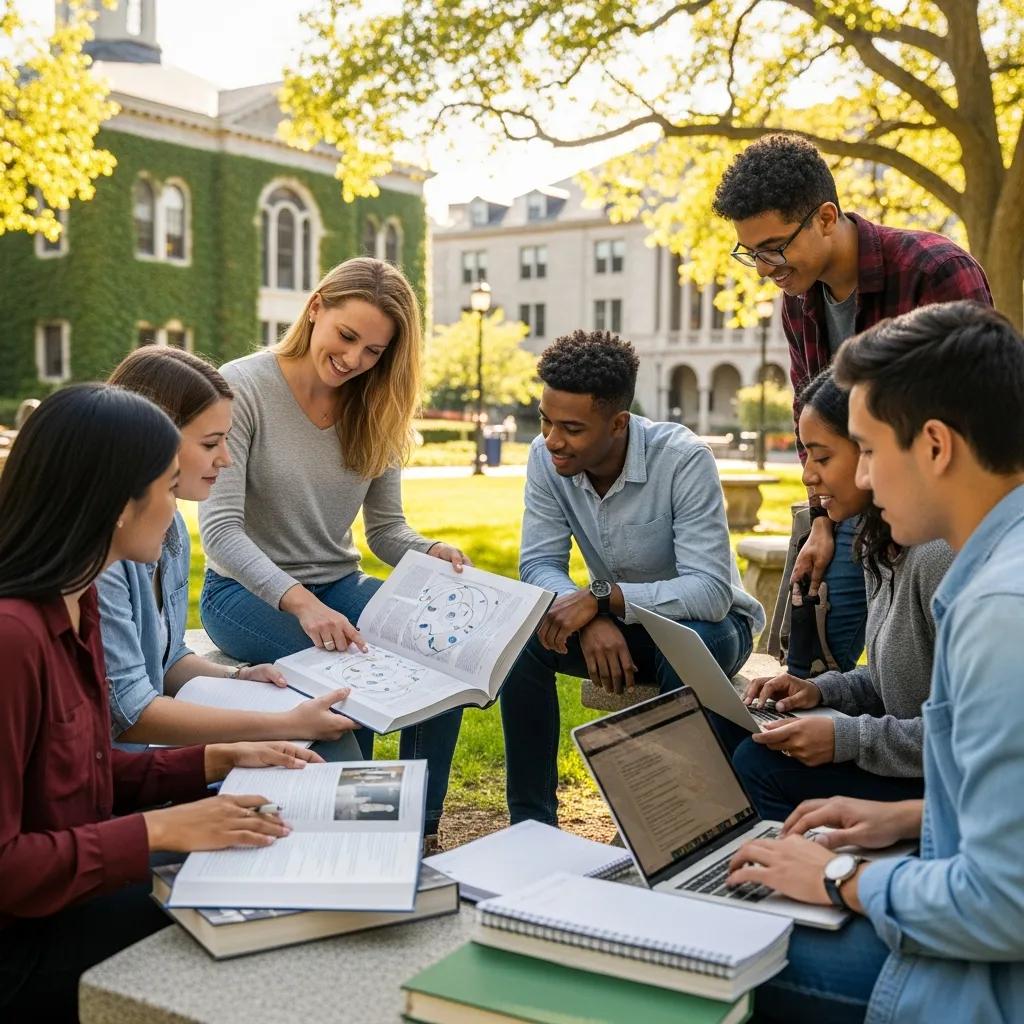 Diverse students collaborating in a university environment, showcasing engagement in learning