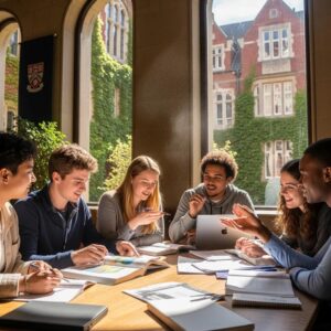 Diverse students collaborating in a university setting, symbolizing higher education opportunities in the UK