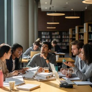 Diverse university students collaborating in a modern library, representing the excitement of pursuing an undergraduate degree in the UK