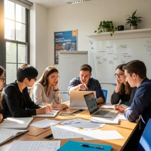 Diverse university students collaborating on a business project in a modern classroom