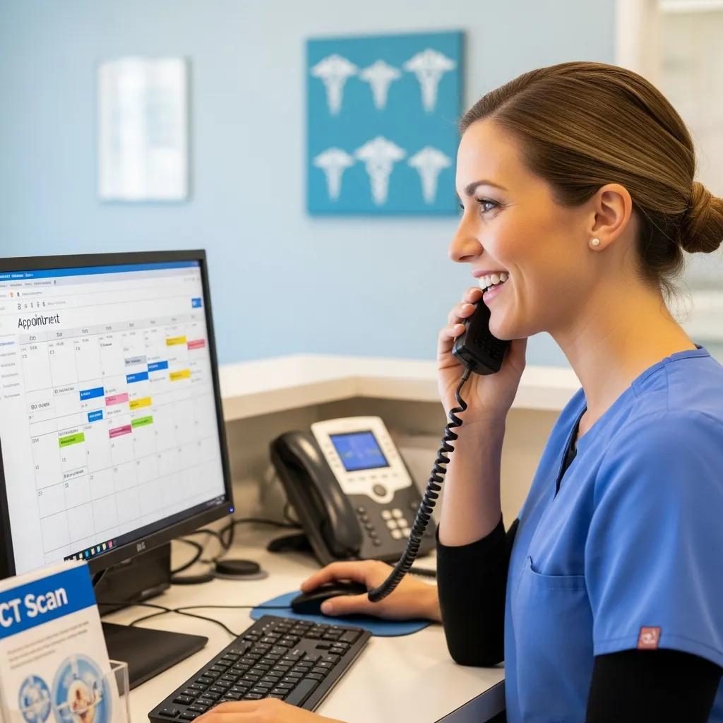 Friendly receptionist assisting a patient on the phone while managing a CT scan appointment schedule at a medical imaging clinic.