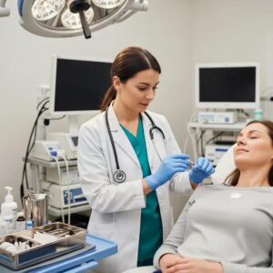 Healthcare professional administering a pain management injection in a clinical setting