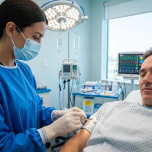Healthcare professional administering a pain management injection in a clinical setting