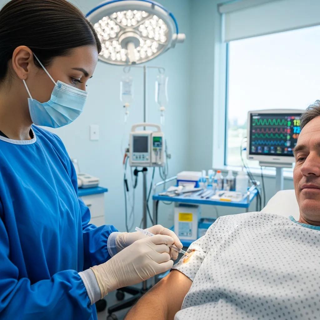 Healthcare professional administering a pain management injection in a clinical setting