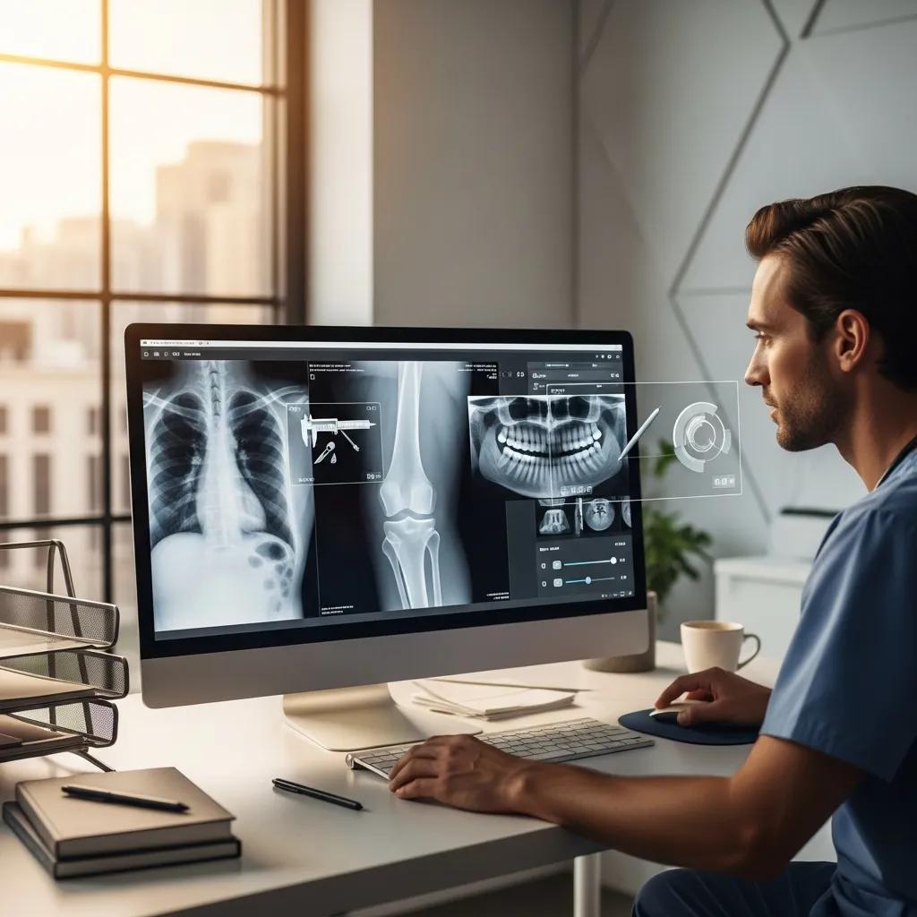 Radiographer reviewing digital X‑ray images on a screen