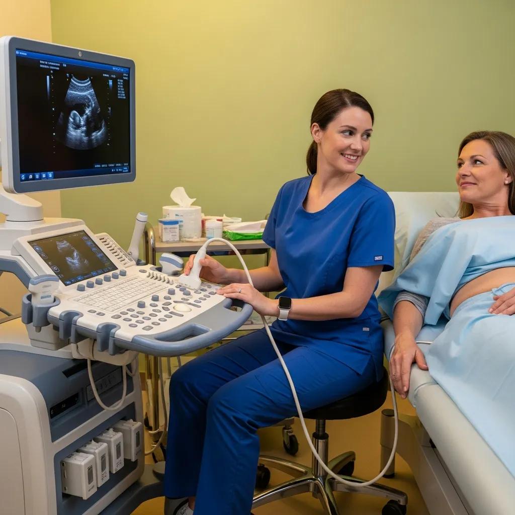 Sonographer assisting a patient during an ultrasound scan