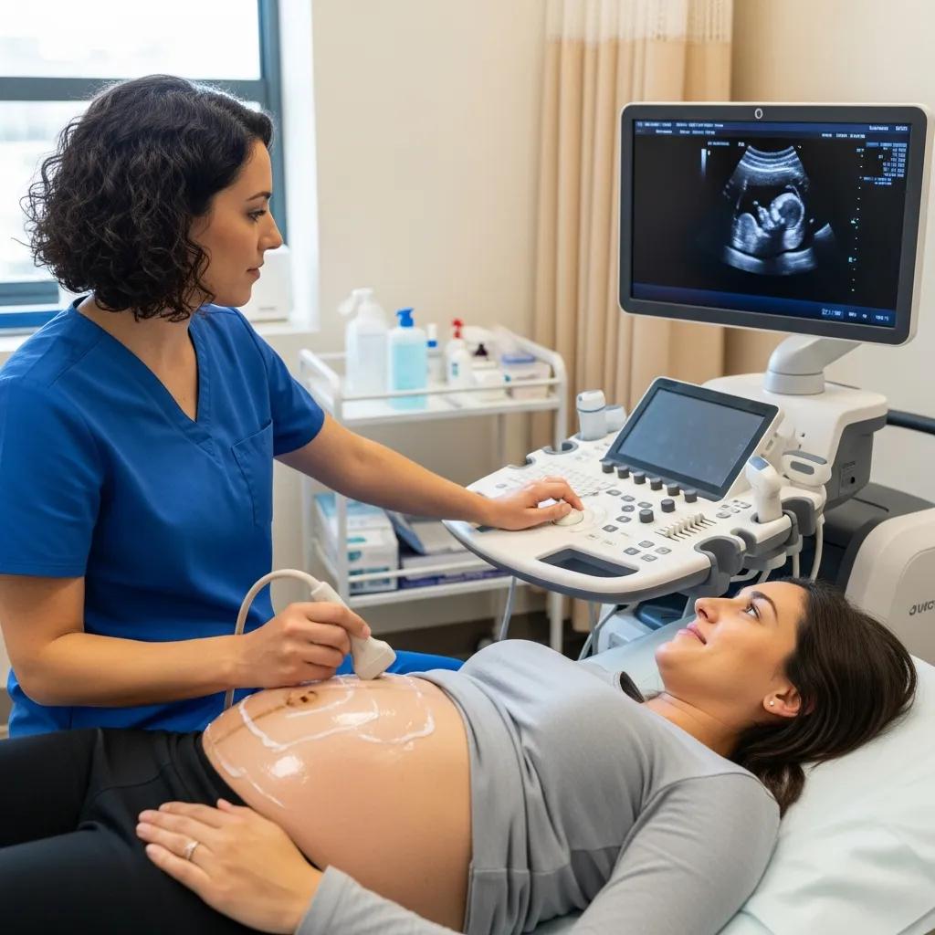 Sonographer performing an ultrasound for a pregnant patient, showing patient comfort and modern equipment