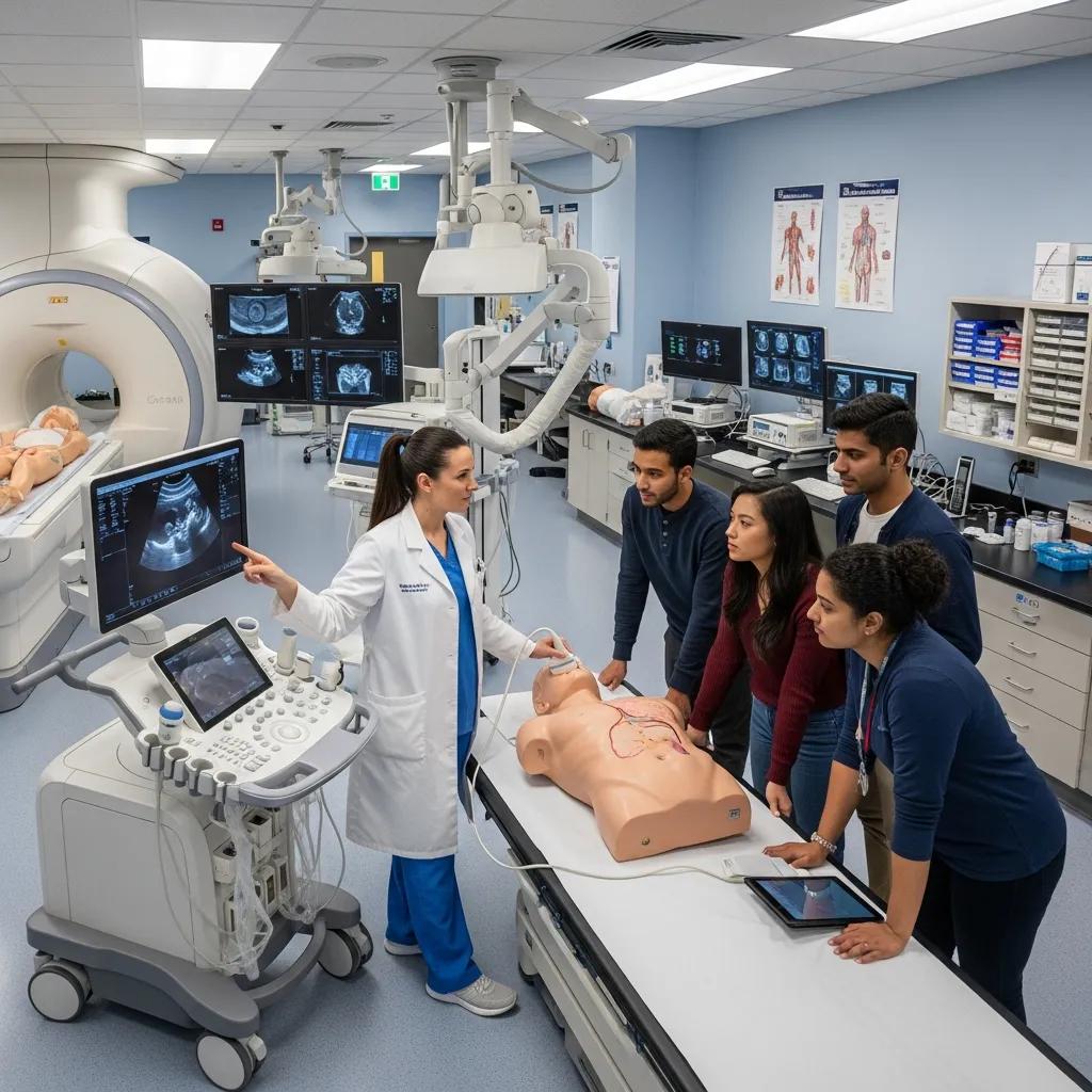 Healthcare professional demonstrating medical imaging equipment, highlighting practical training in medical imaging courses