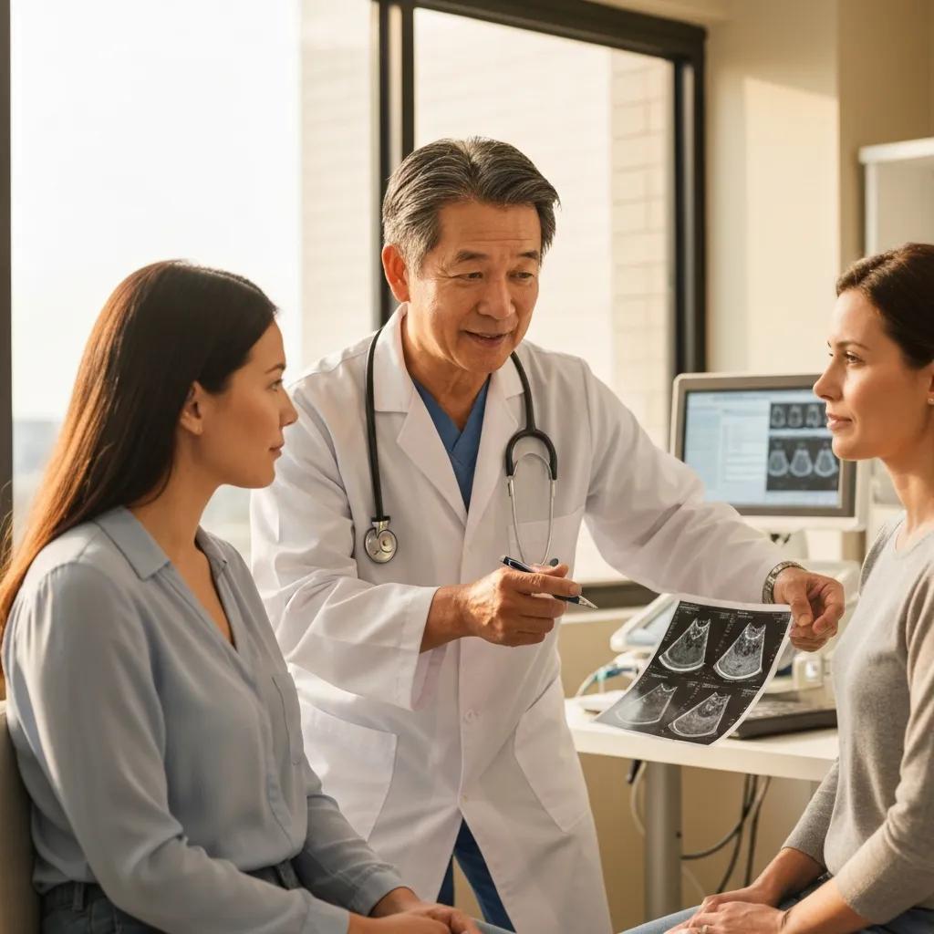 Healthcare professional discussing cardiac imaging results with a patient