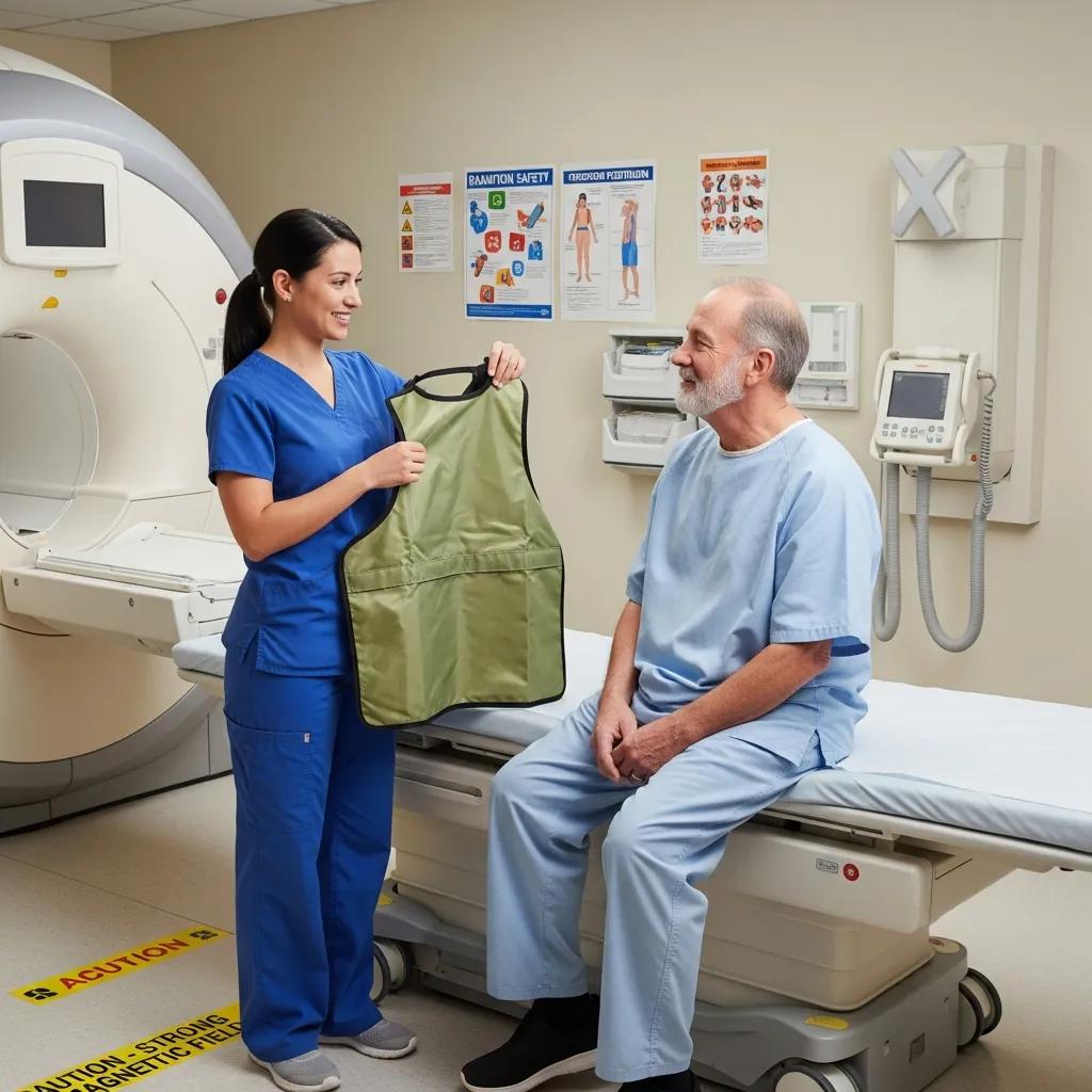 Healthcare professional reviewing patient safety procedures in a radiology clinic